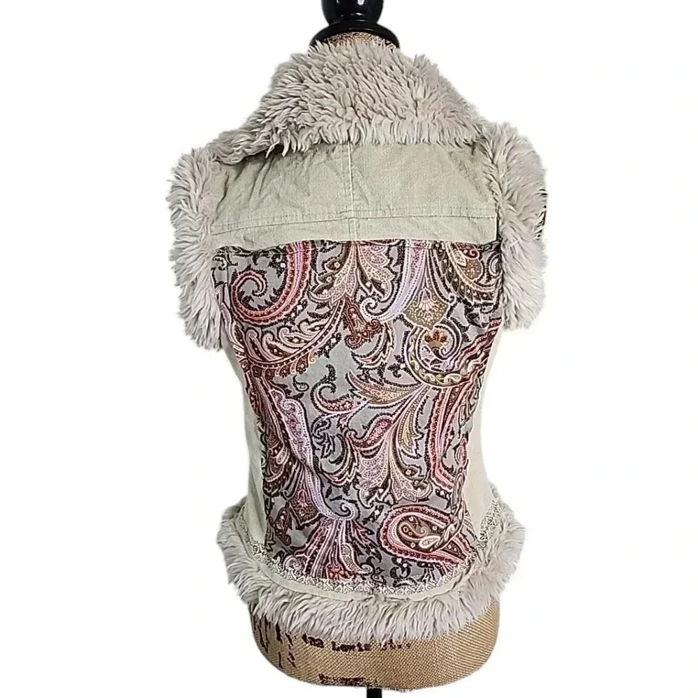 Y2k Upcycled Cord and faux fur patch vest. Size small